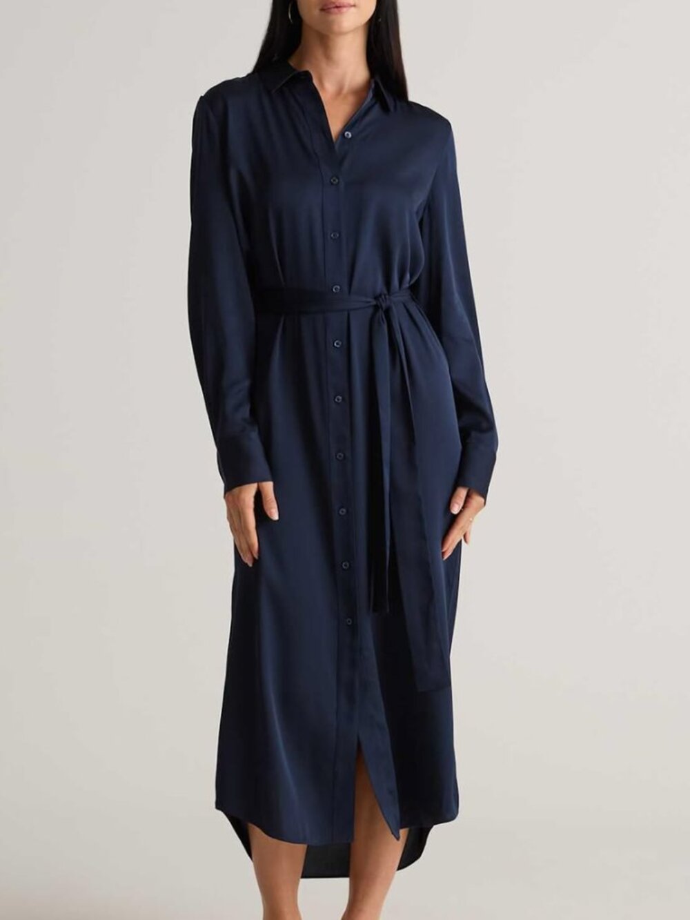 Quince Women's Washable Stretch Silk Maxi Shirt Dress in Navy Blue Size Medium